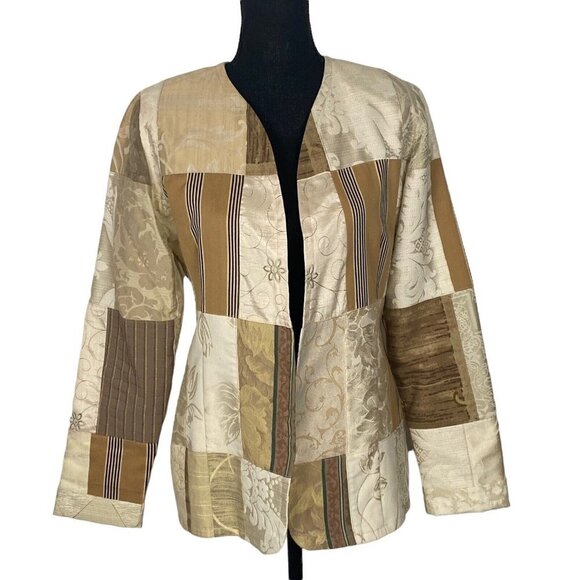 PIECES Open Front Blazer Jacket Patches Color Block Beige/Gold 10 55-5 - Picture 1 of 9